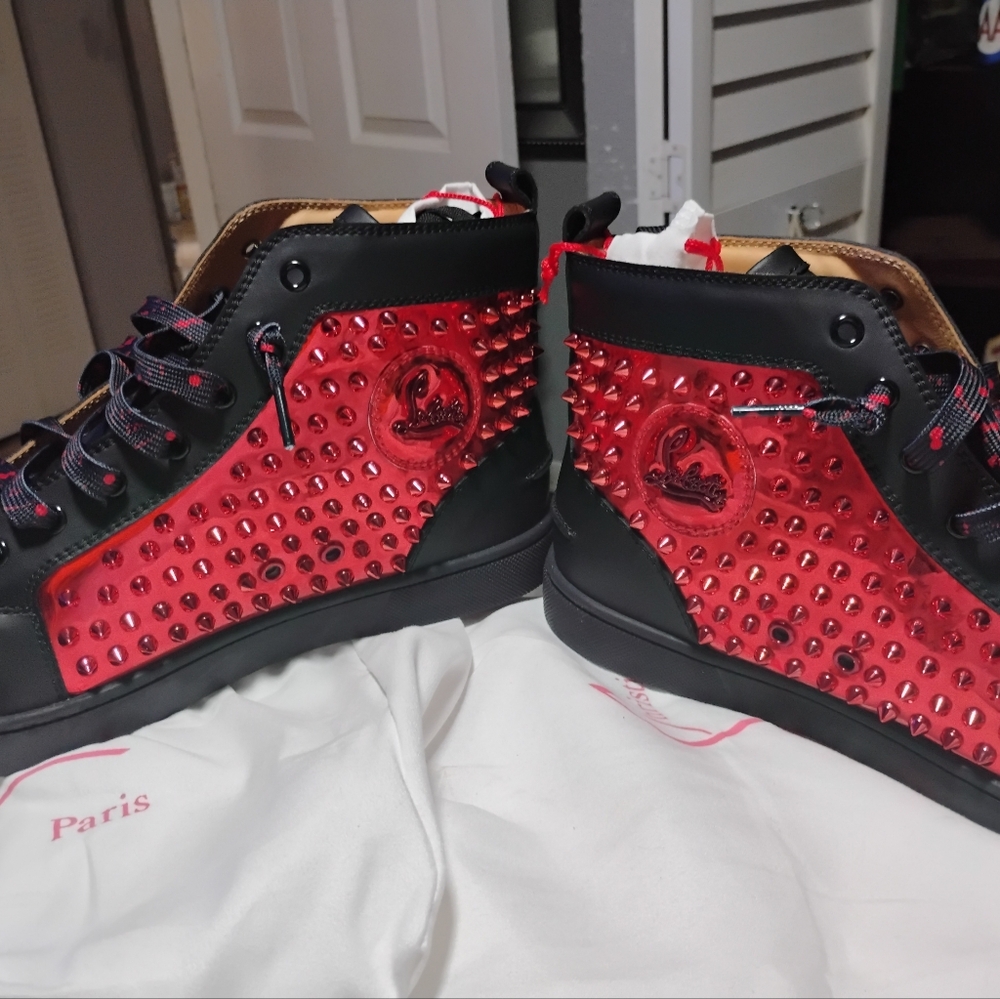 Christian Louboutin Red and Black High-Top Sneakers